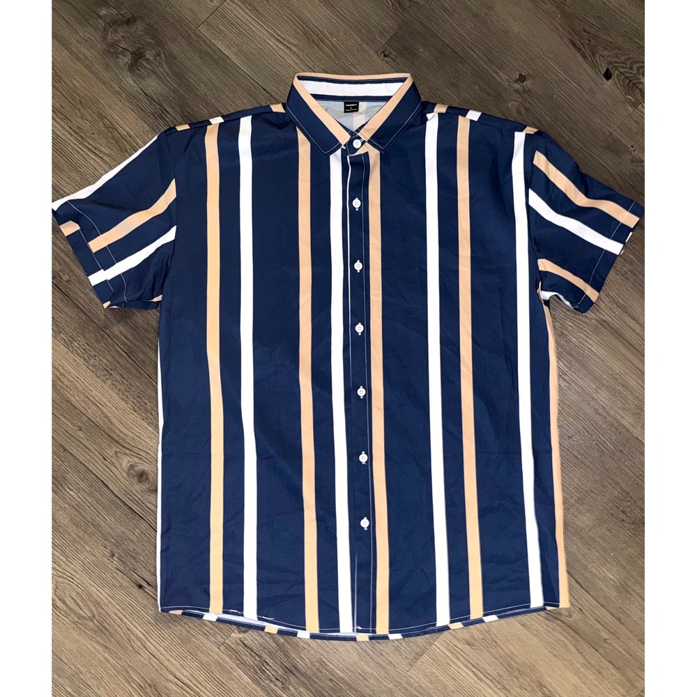 Manfinity Mens Short Sleeve Button Down Shirt Navy Blue Tan Striped Size L